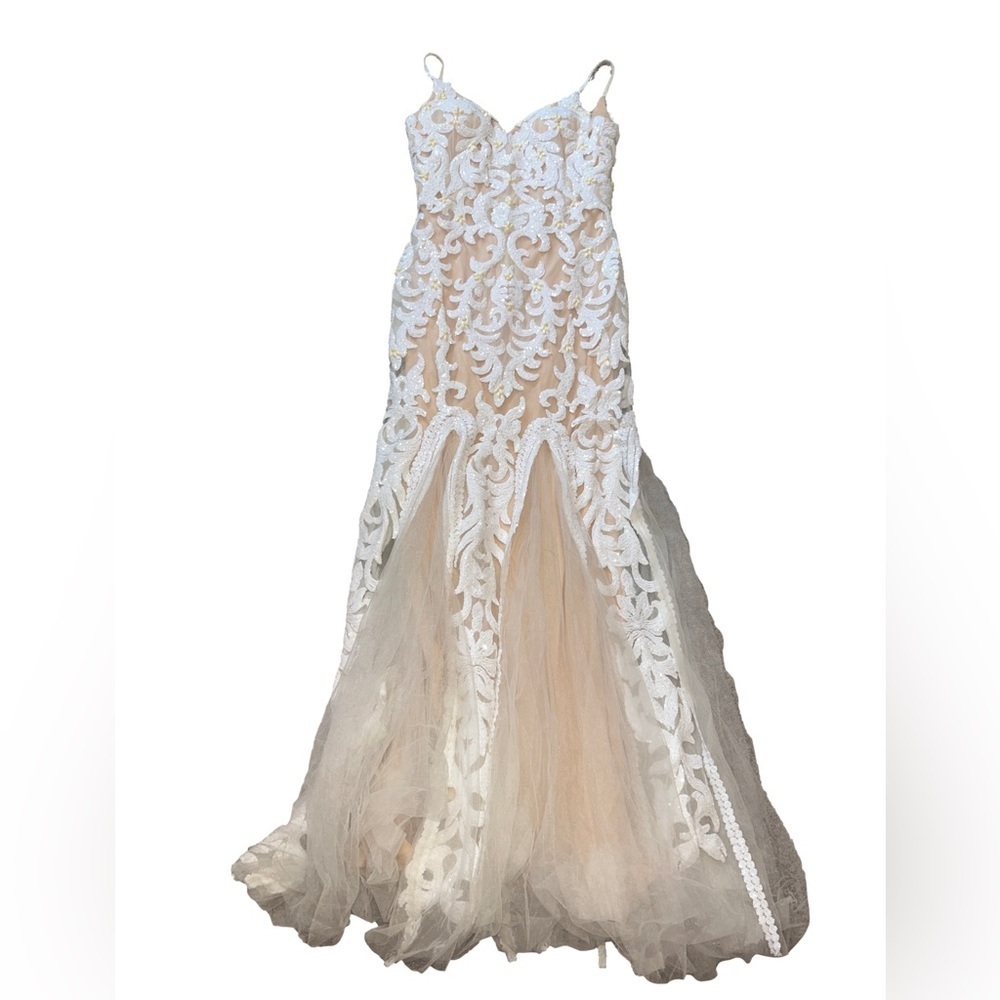 JVN by Jovani Beaded Nude and White Sequin Tulle Wedding Gown Size 8
